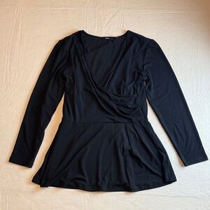 Betabrand Women's Black Faux Wrap Long Sleeve Peplum Stretch Top Size M